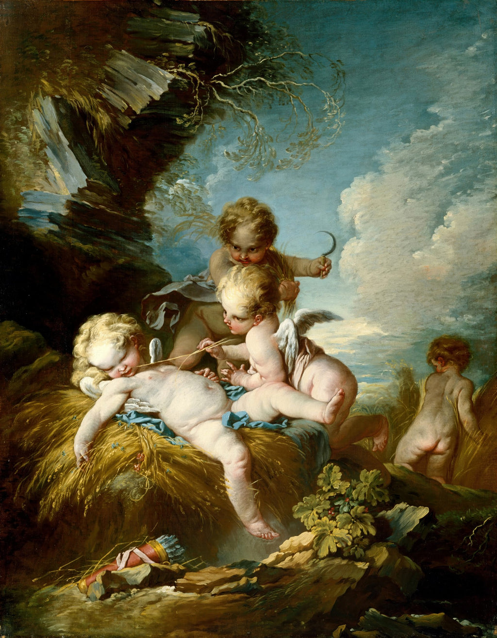 Quadro de François Boucher, 'O Triunfo de Vênus', com amorinhos brincando em uma paisagem campestre. Céu azul com nuvens, tonalidades suaves e detalhes mitológicos.