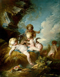 Quadro de François Boucher, 'O Triunfo de Vênus', com amorinhos brincando em uma paisagem campestre. Céu azul com nuvens, tonalidades suaves e detalhes mitológicos.