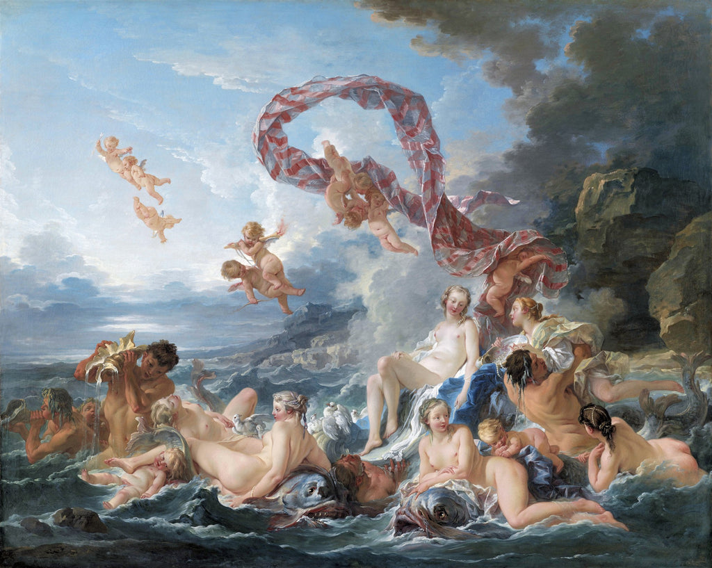 Pintura a óleo de François Boucher, 'O Triunfo de Vênus', representando a deusa Vênus emergindo do mar, cercada por ninfas, tritões e cupidos voando. A cena é vibrante, com tons pastel e azul do céu e do mar, e rochas à direita.