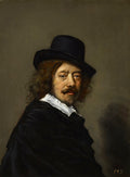 Retrato masculino de Frans Hals, com um homem de meia-idade, cabelos ruivos ondulados, bigode e barba, usando chapéu preto, gola branca e manto escuro, olhando diretamente para o observador.