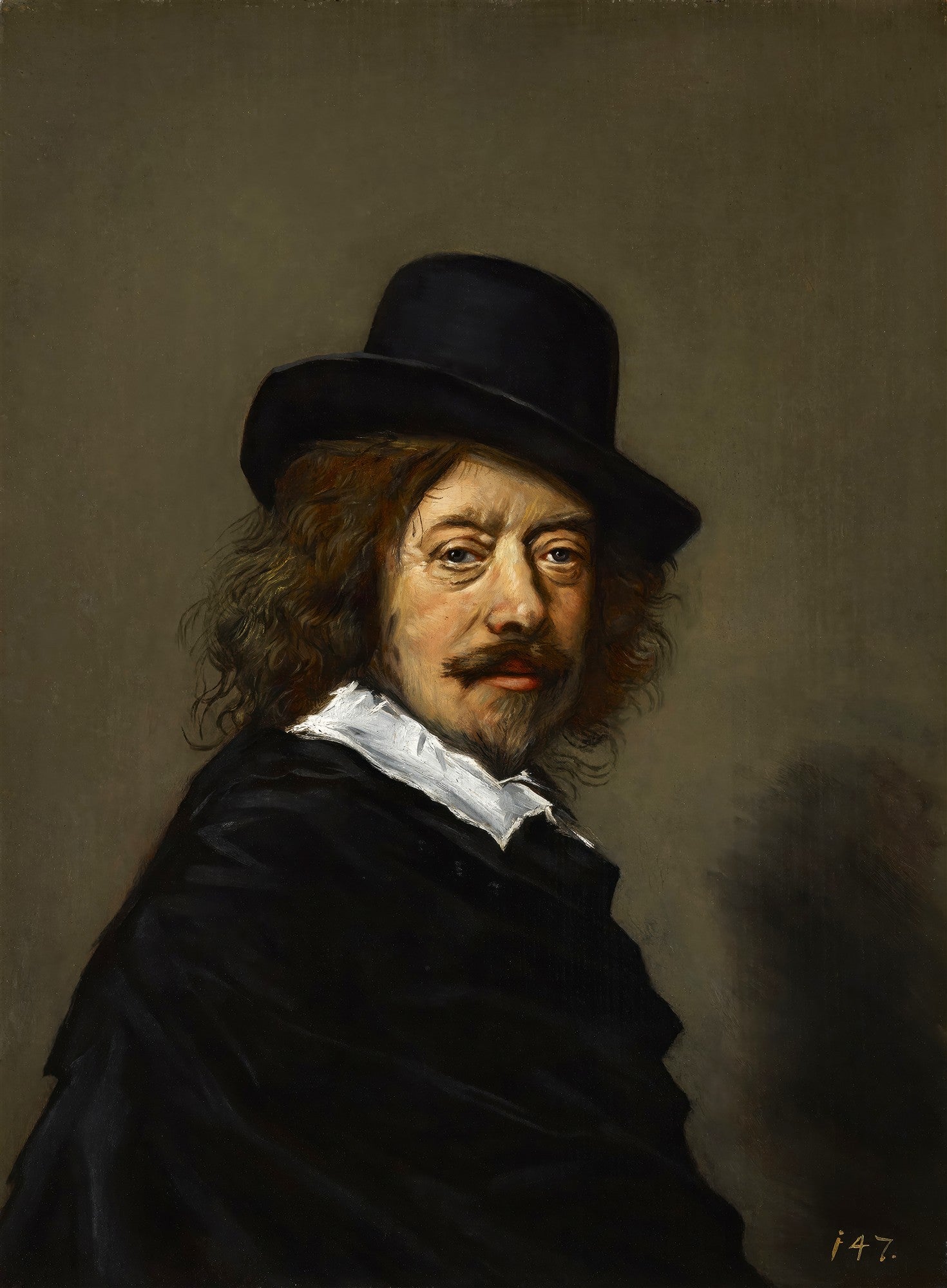 Retrato masculino de Frans Hals, com um homem de meia-idade, cabelos ruivos ondulados, bigode e barba, usando chapéu preto, gola branca e manto escuro, olhando diretamente para o observador.