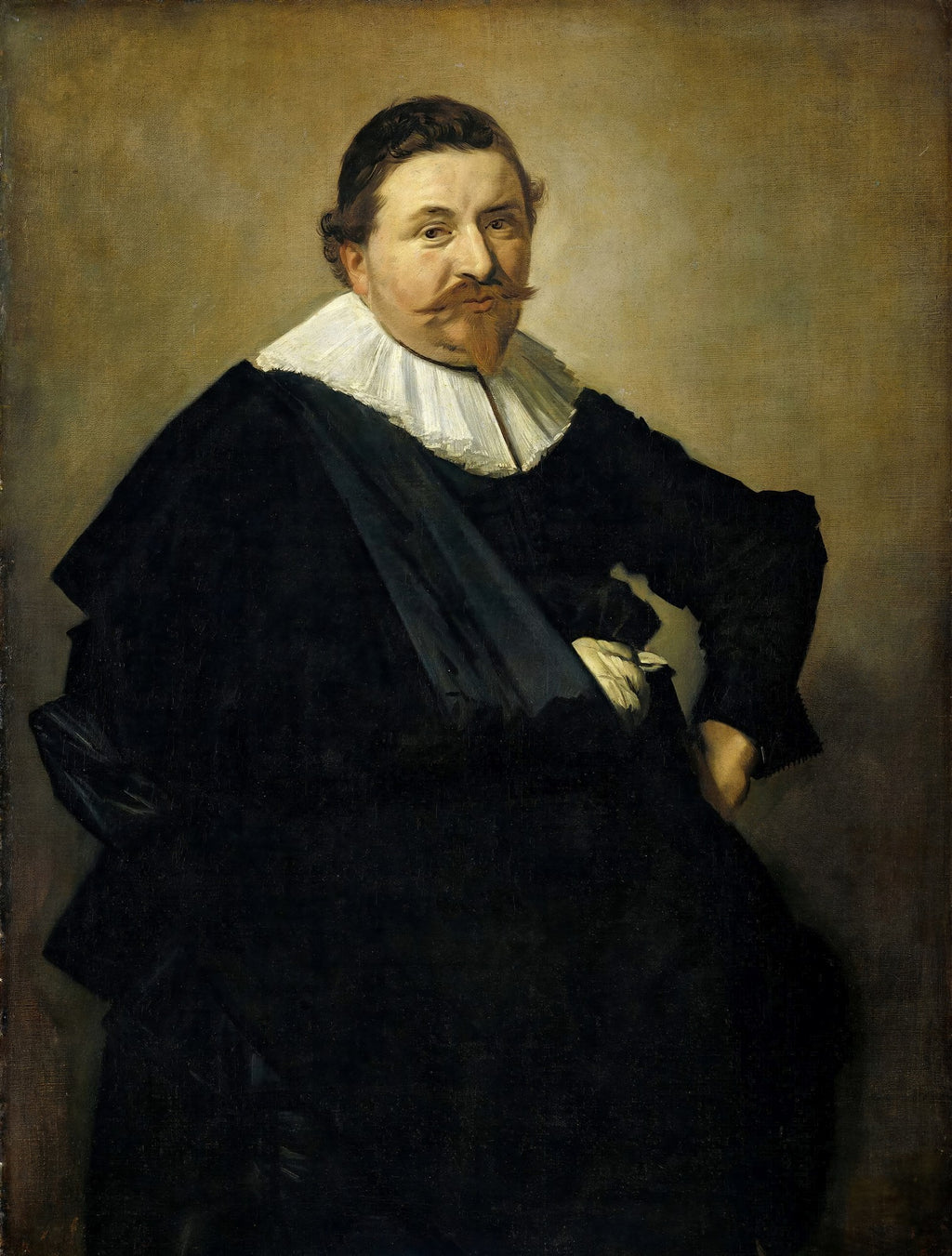 Retrato de um homem com bigode e cavanhaque, vestindo traje escuro e gola branca plissada, pintado por Frans Hals.