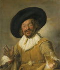 Retrato de um homem sorridente com chapéu preto grande, bigode e barba, vestindo roupas de época amarelo-mostarda e um rufo branco, segurando um copo de vinho, com a mão esquerda levantada, atribuído a Frans Hals.