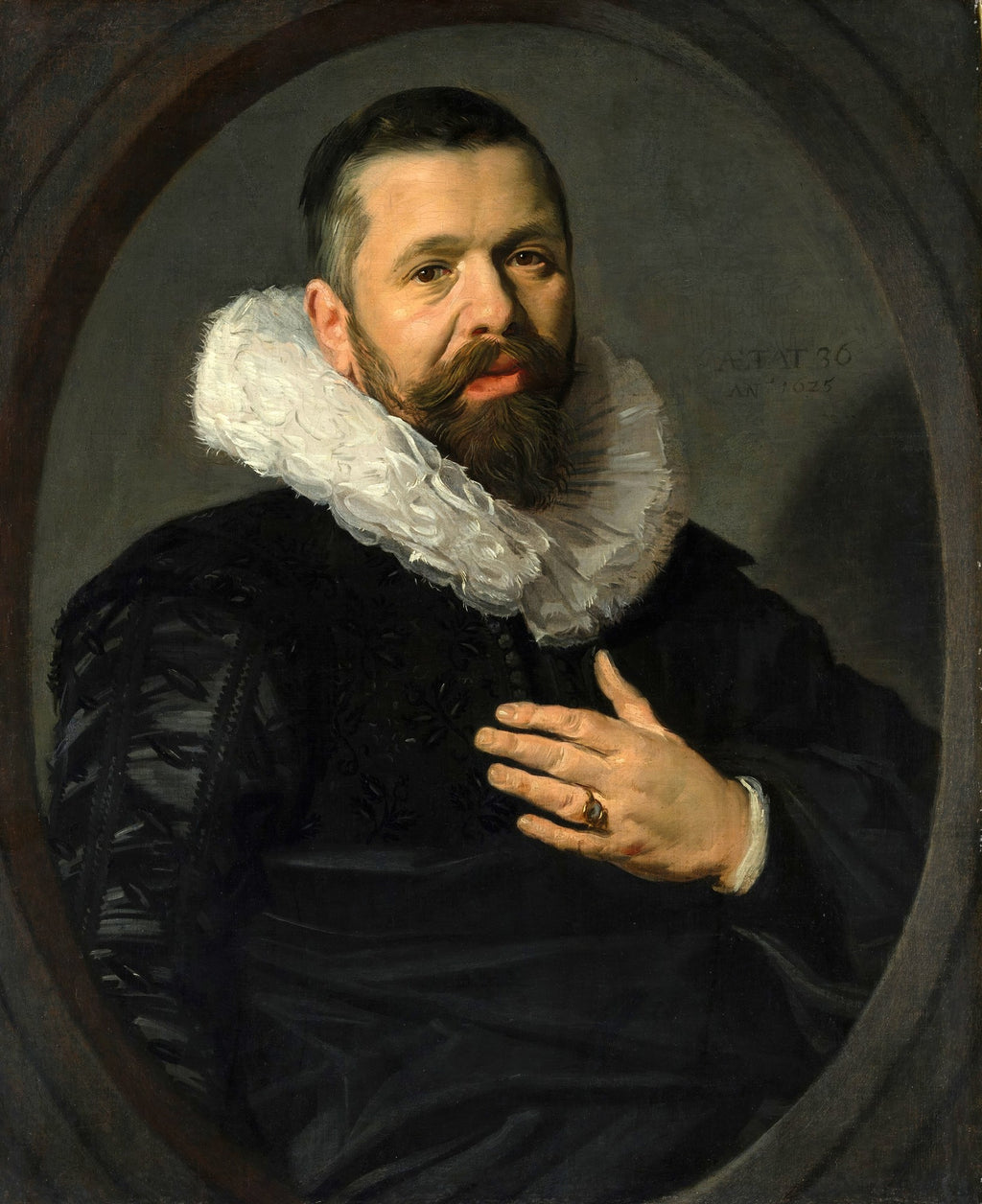 Retrato de um Homem de Frans Hals, com barba e bigode, usando um rufo branco e uma veste escura, emoldurado por um oval marrom escuro. A mão direita do homem repousa sobre o peito.