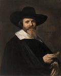 Retrato de um homem barbudo, usando um chapéu preto e gola branca, segurando um relógio de bolso dourado. A obra é atribuída a Frans Hals.