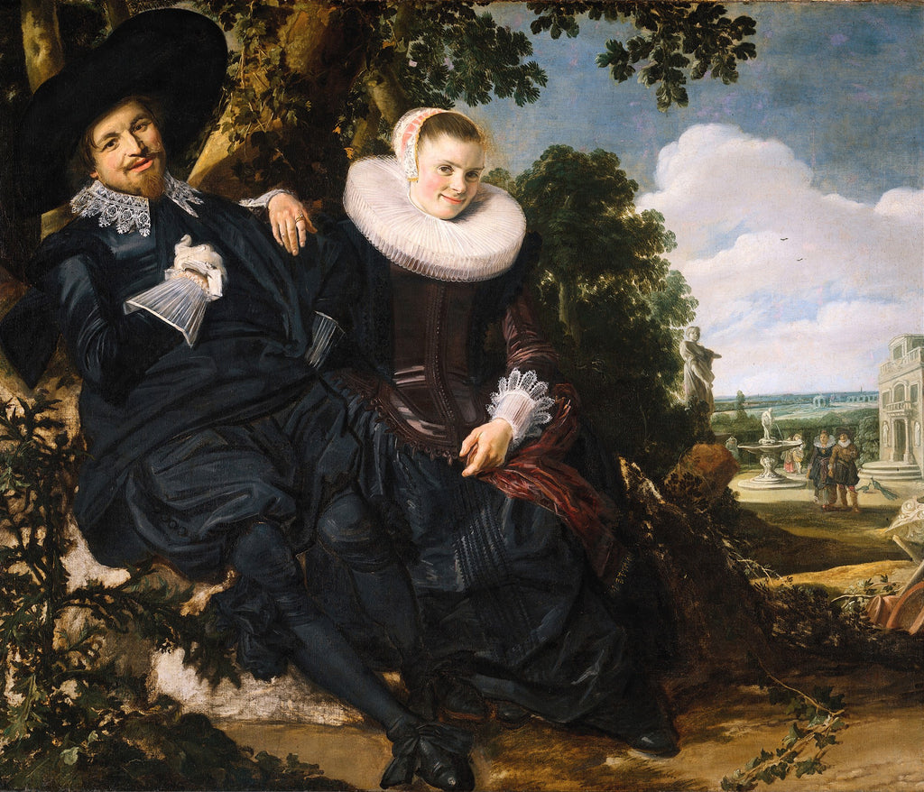 Retrato de um casal do século XVII, Isaac Massa e Beatrix van der Laen, sentados em um jardim. O homem, sorridente, usa um chapéu grande e gola de renda. A mulher, também sorridente, veste um vestido escuro com gola de renda branca e touca. Ao fundo, um jardim com fontes e figuras.