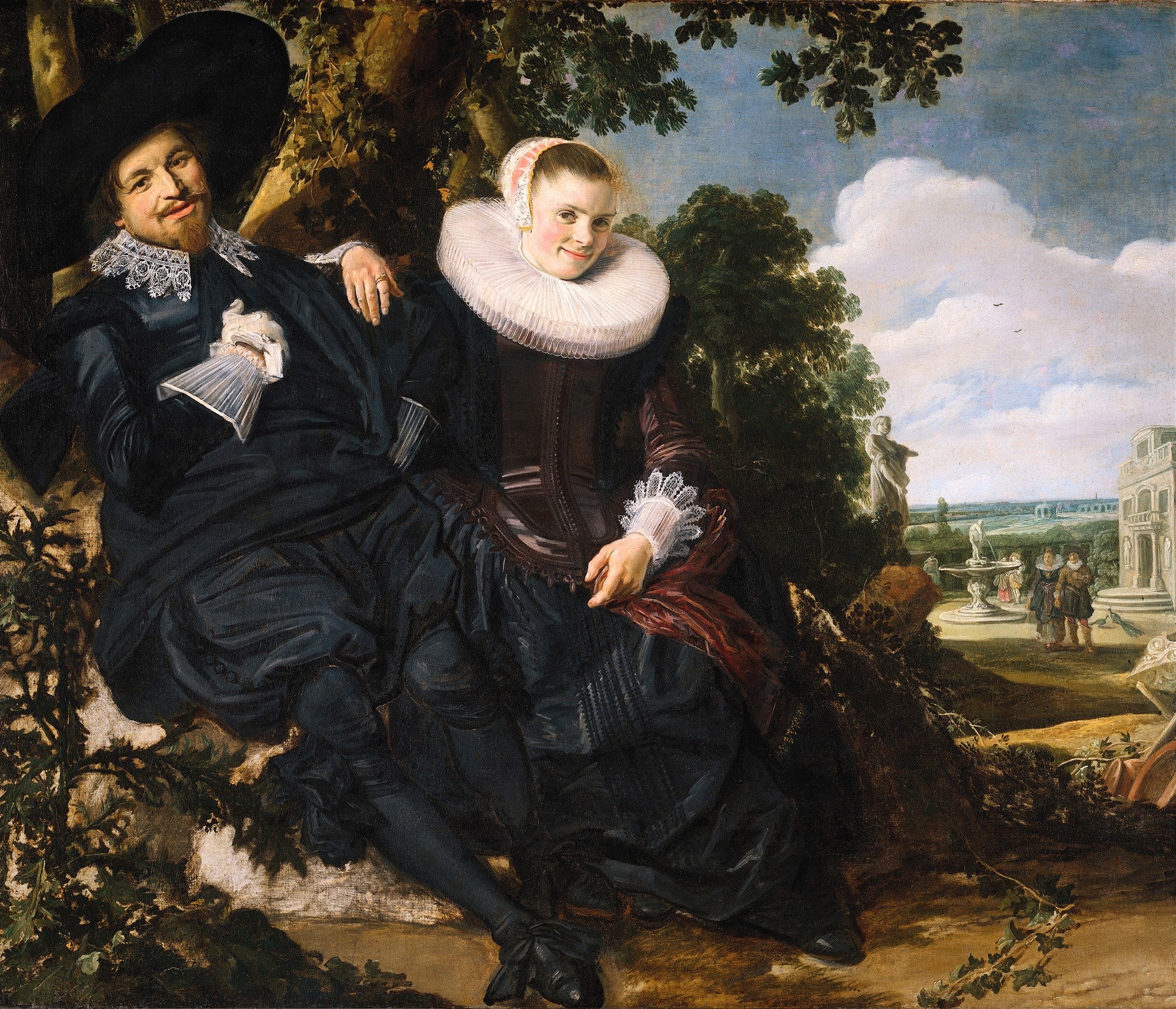 Retrato de um casal do século XVII, Isaac Massa e Beatrix van der Laen, sentados em um jardim. O homem, sorridente, usa um chapéu grande e gola de renda. A mulher, também sorridente, veste um vestido escuro com gola de renda branca e touca. Ao fundo, um jardim com fontes e figuras.