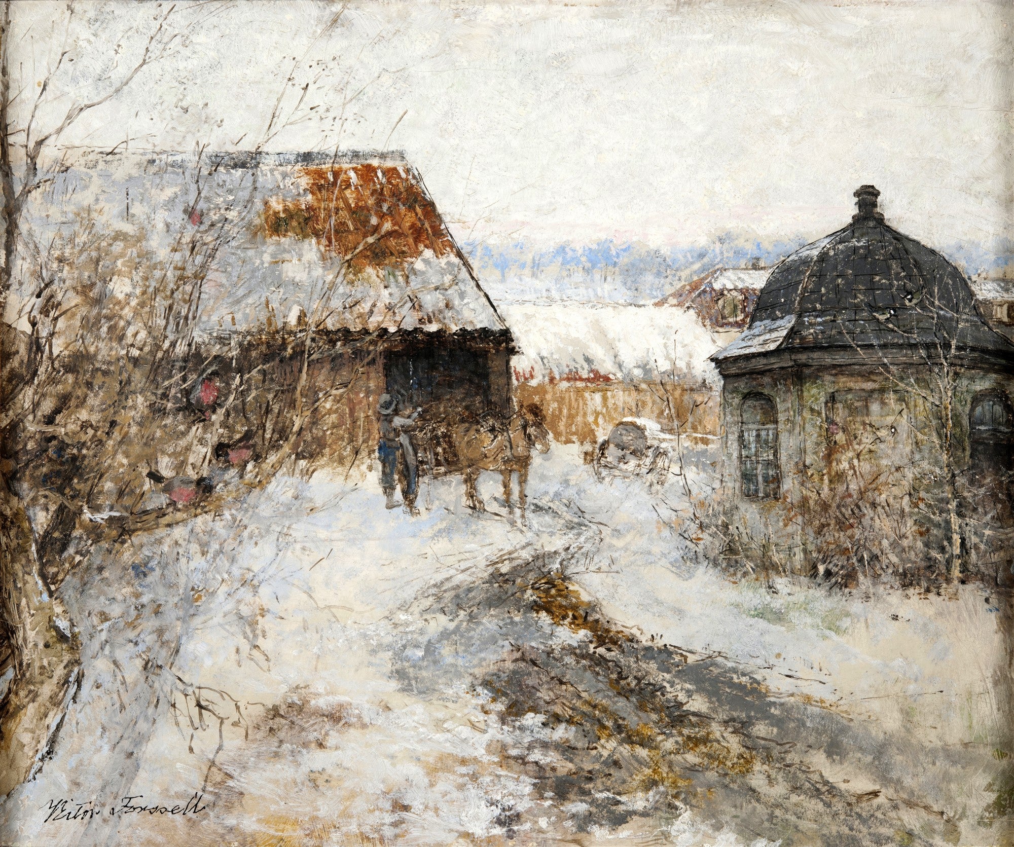 Pintura a óleo de uma paisagem invernal com casas e um gazebo cobertos de neve, em tons de branco, marrom e cinza, com um toque de vermelho nos telhados e pessoas puxando um carroça.