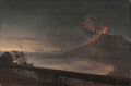 Pintura a óleo mostrando uma erupção vulcânica noturna do Monte Vesúvio, com lava escorrendo e fumaça vermelha no céu escuro, vista de uma varanda com um lago e cidade iluminada ao fundo. Atribuído a Pierre-Jacques Volaire.