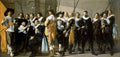 Quadro de grupo pintado por Frans Hals, retratando quinze homens da guarda cívica holandesa, com vestimentas elegantes do século XVII em tons de preto, cinza, bege e azul claro, posando com lanças e espadas em um ambiente interno. A composição é dinâmica, com figuras em diferentes planos e expressões variadas.