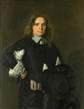 Retrato de um homem de meia-idade, com cabelos longos e castanhos, vestindo um casaco escuro com gola e punhos brancos, segurando um chapéu preto na mão esquerda. O fundo é escuro e neutro, em estilo barroco holandês.