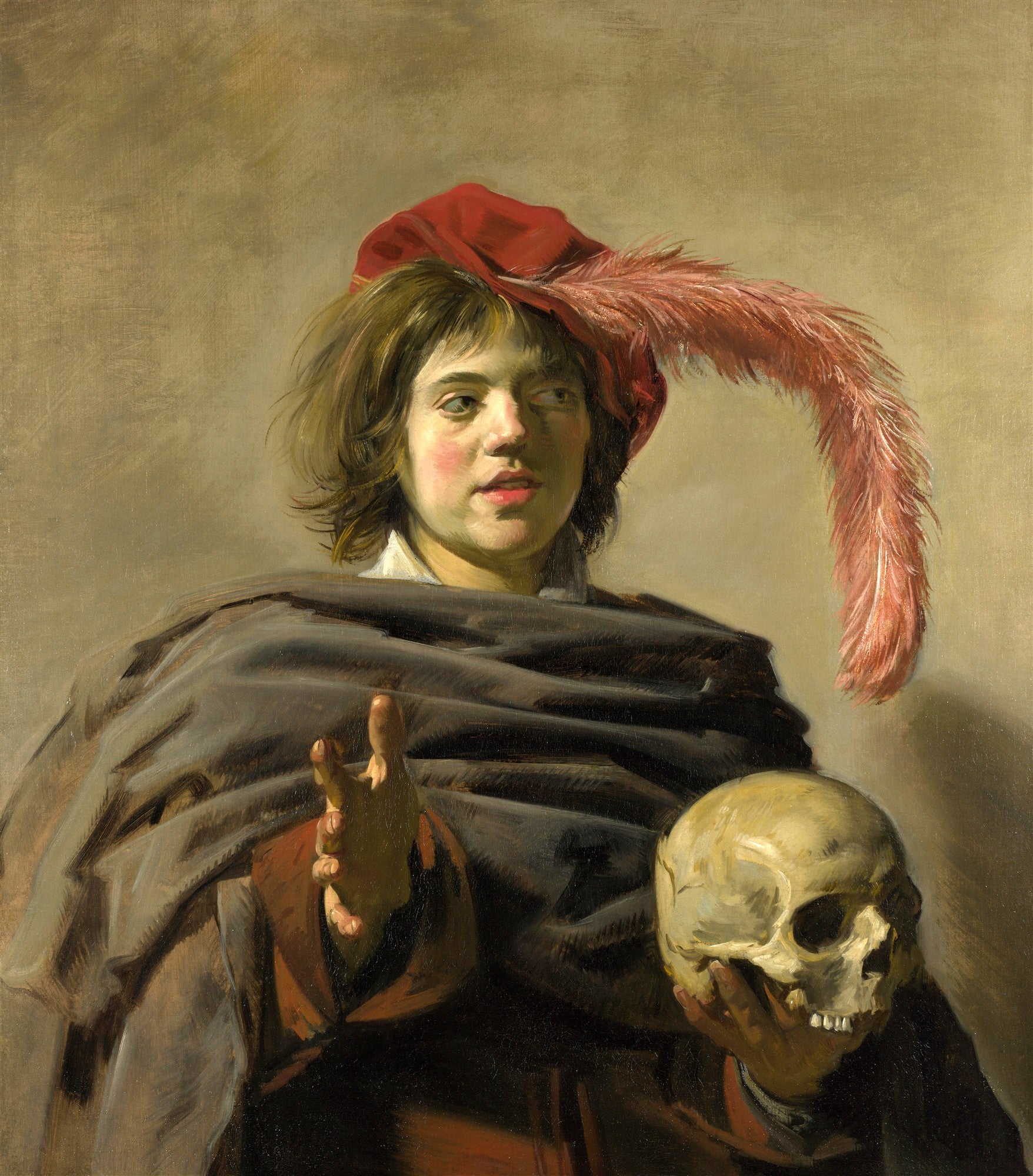 Retrato de 'Malle Babbe' por Frans Hals, uma mulher com chapéu vermelho emplumado e coruja no ombro, em estilo barroco.