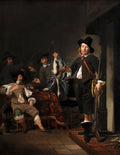 Quadro decorativo com uma pintura a óleo de Frans Hals, 'A Companhia do Capitão Reinier Reael', representando um grupo de homens em trajes do século XVII, um deles segurando um pássaro caçado e outro uma espingarda, em um ambiente escuro e íntimo, com expressões vívidas e pinceladas soltas.