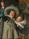 Quadro decorativo mostrando dois personagens rindo e celebrando, com um homem levantando um copo e uma mulher abraçando-o. Ao fundo, detalhes de uma taverna. Obra de Frans Hals.