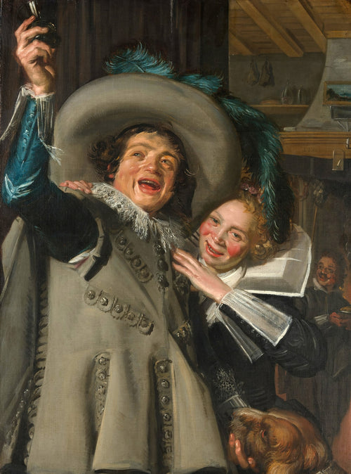 Quadro decorativo mostrando dois personagens rindo e celebrando, com um homem levantando um copo e uma mulher abraçando-o. Ao fundo, detalhes de uma taverna. Obra de Frans Hals.