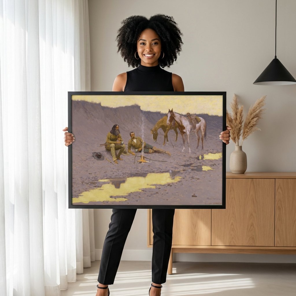 Quadro Decorativo A Fogueira de Caça - Frederic Remington com modelo em ambiente