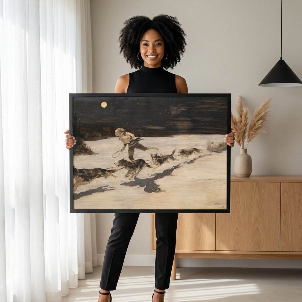 Quadro Decorativo A Corrida do Trenó - Frederic Remington com modelo em ambiente
