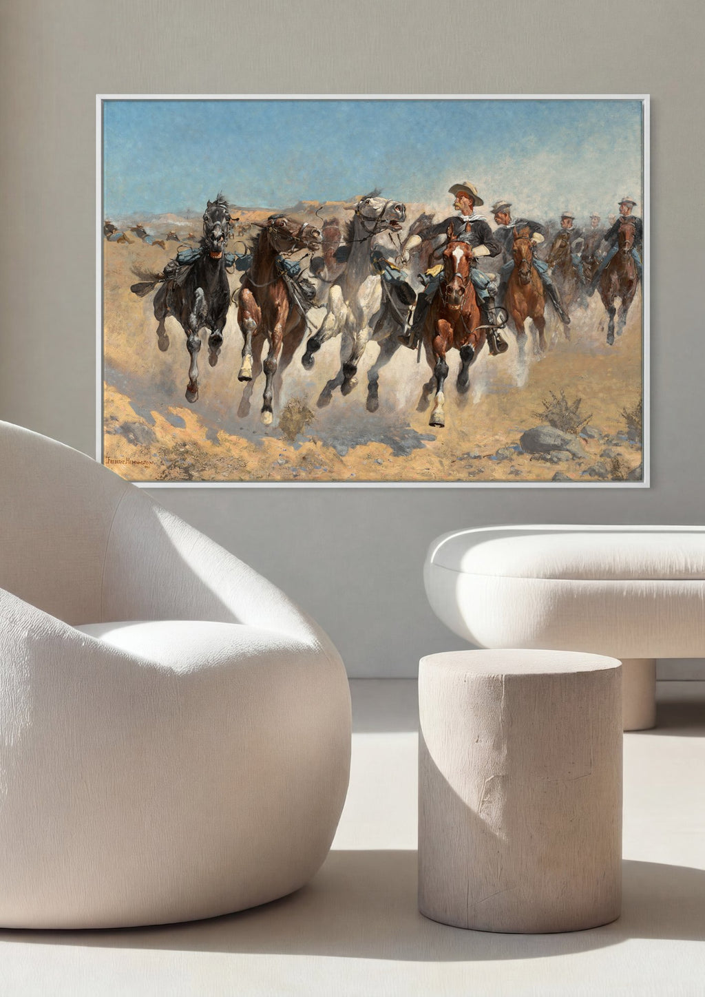 Quadro Decorativo 'Charge dos Dragões' - Frederic Remington em ambiente decorado