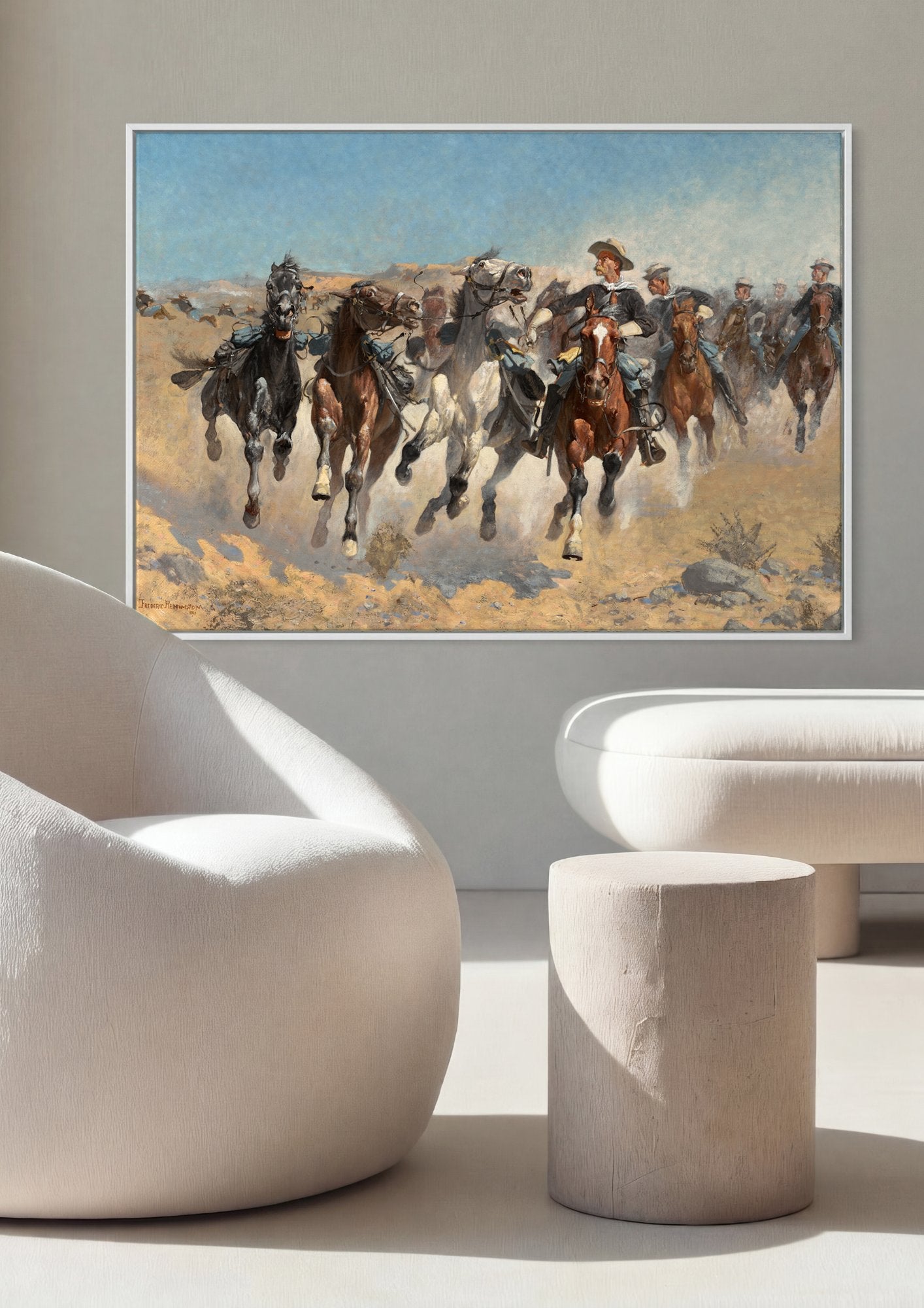 Quadro Decorativo 'Charge dos Dragões' - Frederic Remington em ambiente decorado