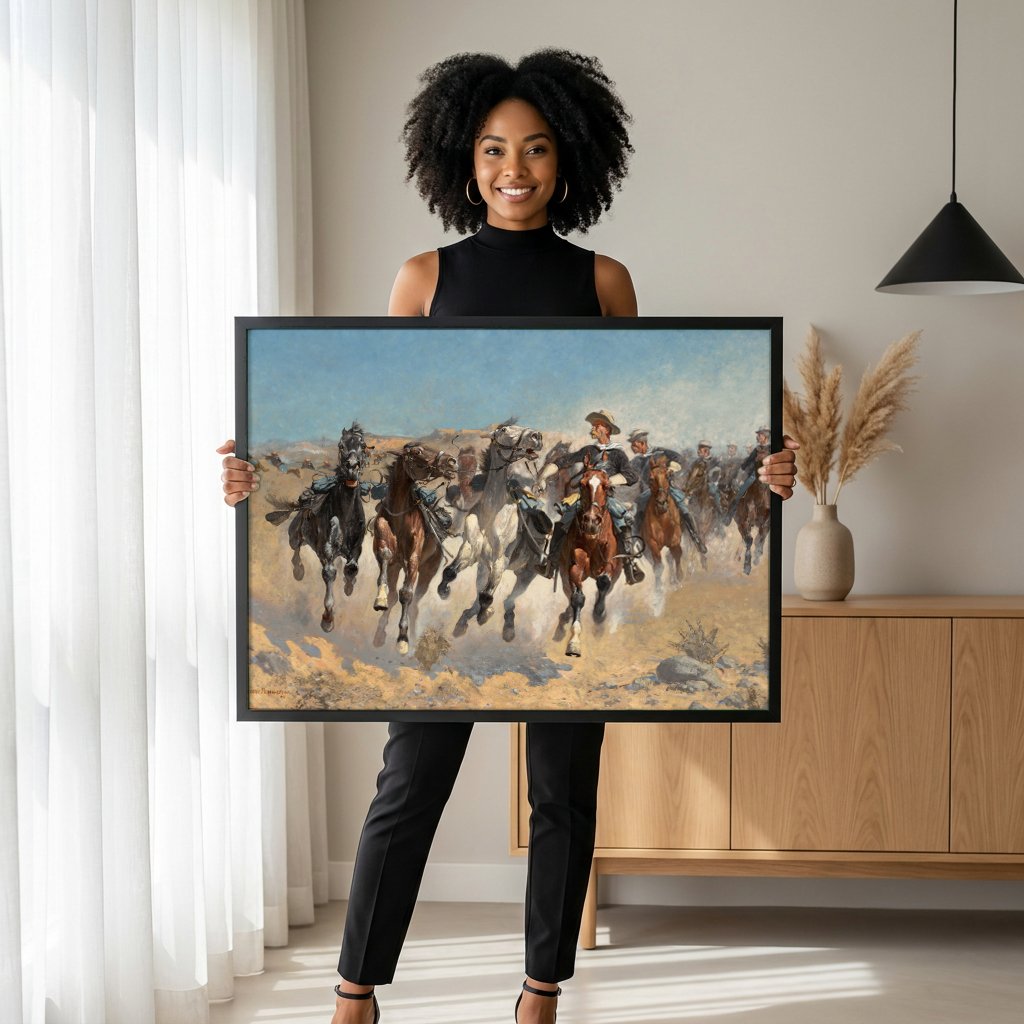 Quadro Decorativo 'Charge dos Dragões' - Frederic Remington com modelo em ambiente