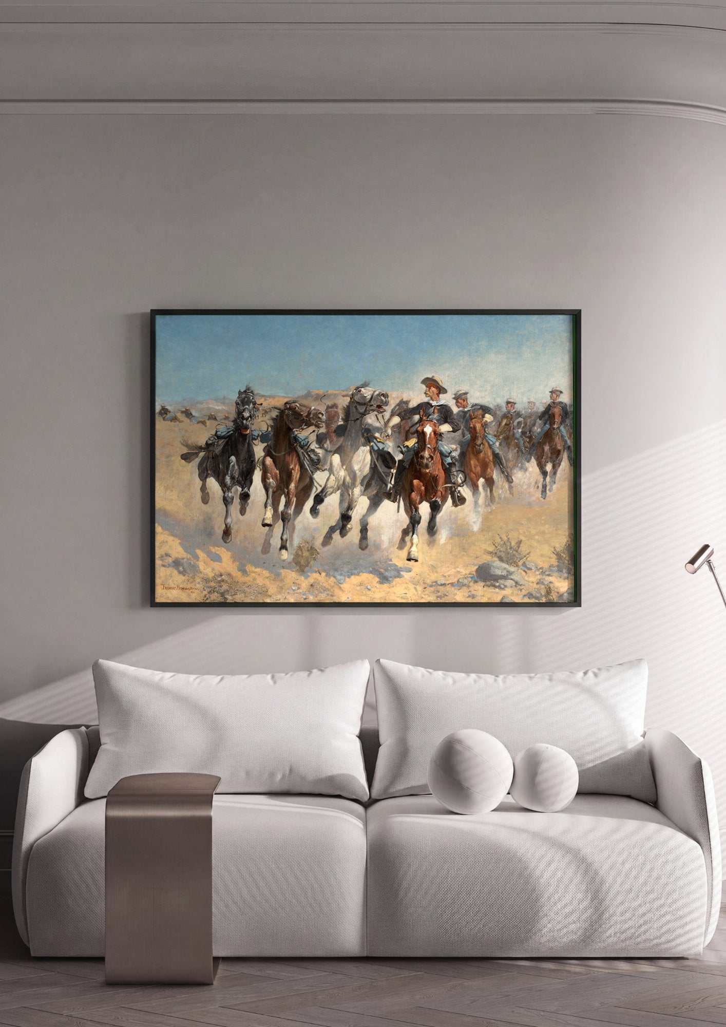 Quadro Decorativo 'Charge dos Dragões' - Frederic Remington em ambiente decorado
