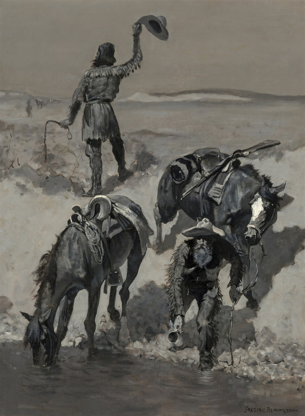 Pintura em tons de cinza de Frederic Remington, 'A Search For Water', com três homens e cavalos em uma paisagem árida, um homem acena com o chapéu, outros dois se abaixam para beber, um cavalo bebe água.