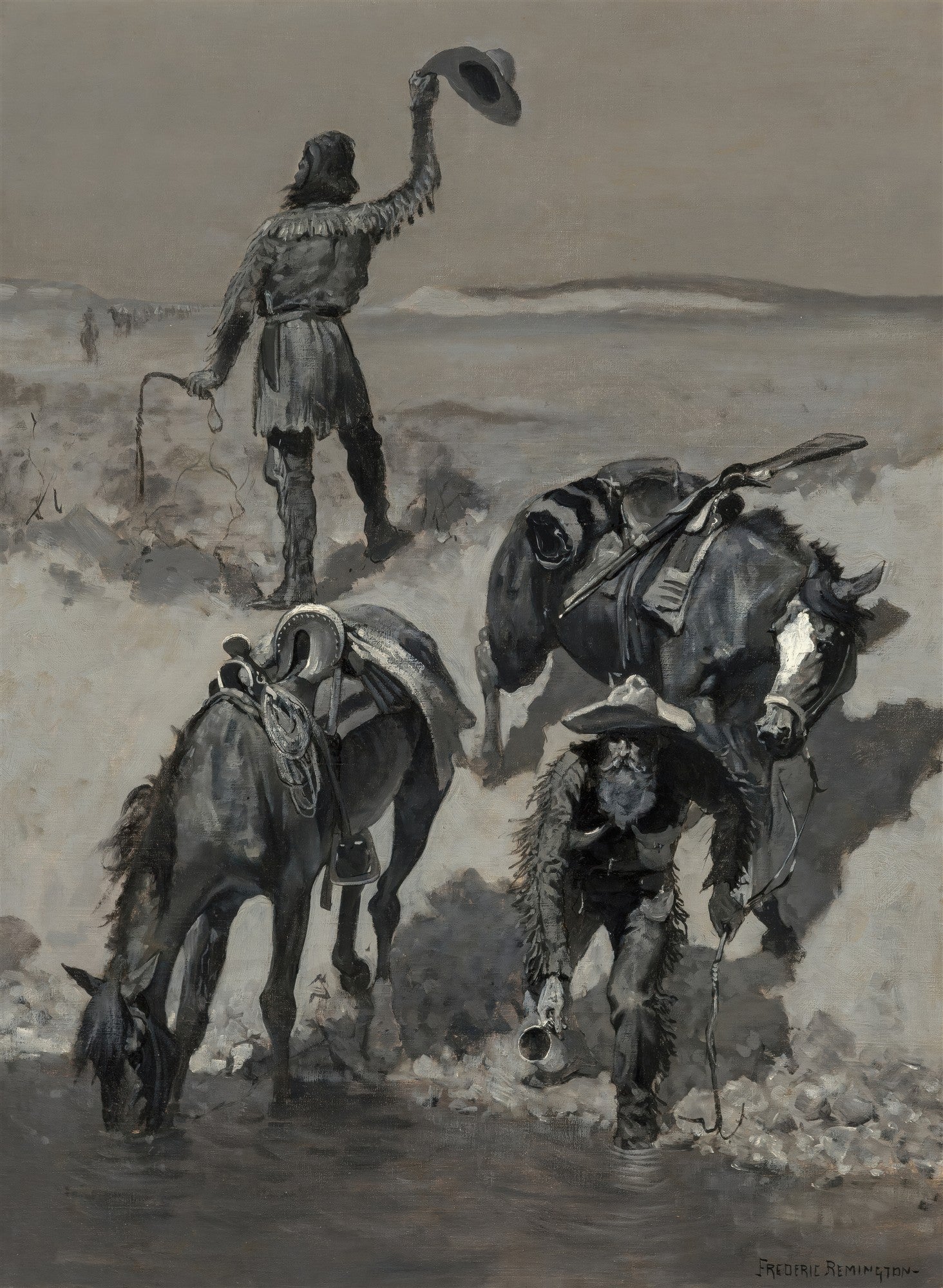 Pintura em tons de cinza de Frederic Remington, 'A Search For Water', com três homens e cavalos em uma paisagem árida, um homem acena com o chapéu, outros dois se abaixam para beber, um cavalo bebe água.