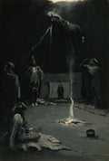 Pintura de Frederic Remington, A Invocação do Grande Espírito, mostrando ritual indígena noturno com cavalo flutuando e relâmpagos, luz e fumaça em tenda escura.