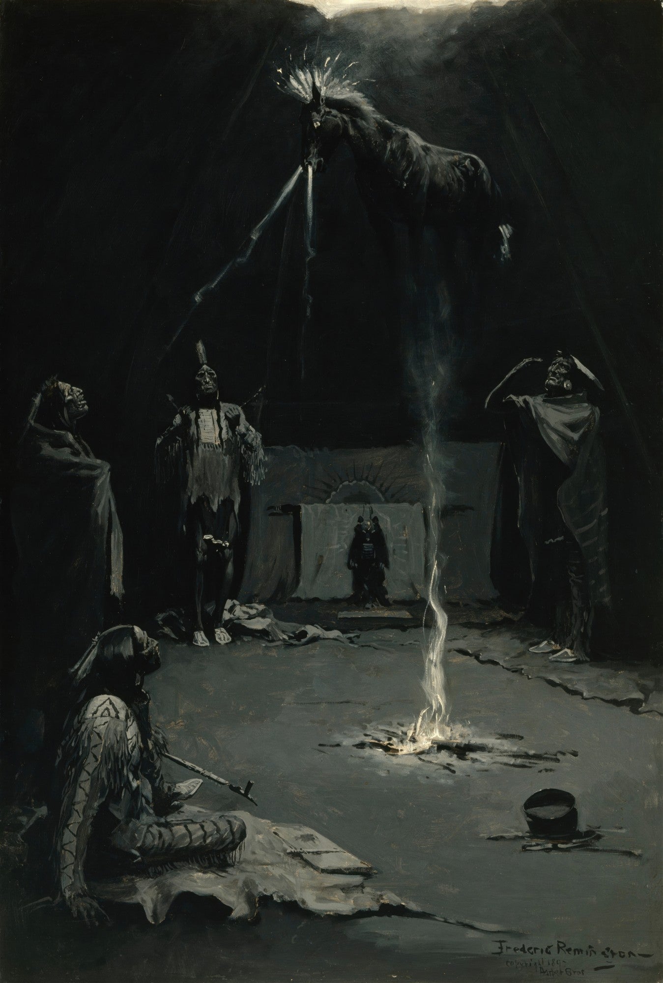 Pintura de Frederic Remington, A Invocação do Grande Espírito, mostrando ritual indígena noturno com cavalo flutuando e relâmpagos, luz e fumaça em tenda escura.