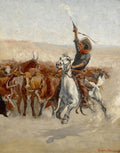 Quadro decorativo com pintura de Frederic Remington, 'A Stampede', mostrando um vaqueiro em um cavalo branco atirando para o alto em meio a um rebanho de gado em disparada e poeira.