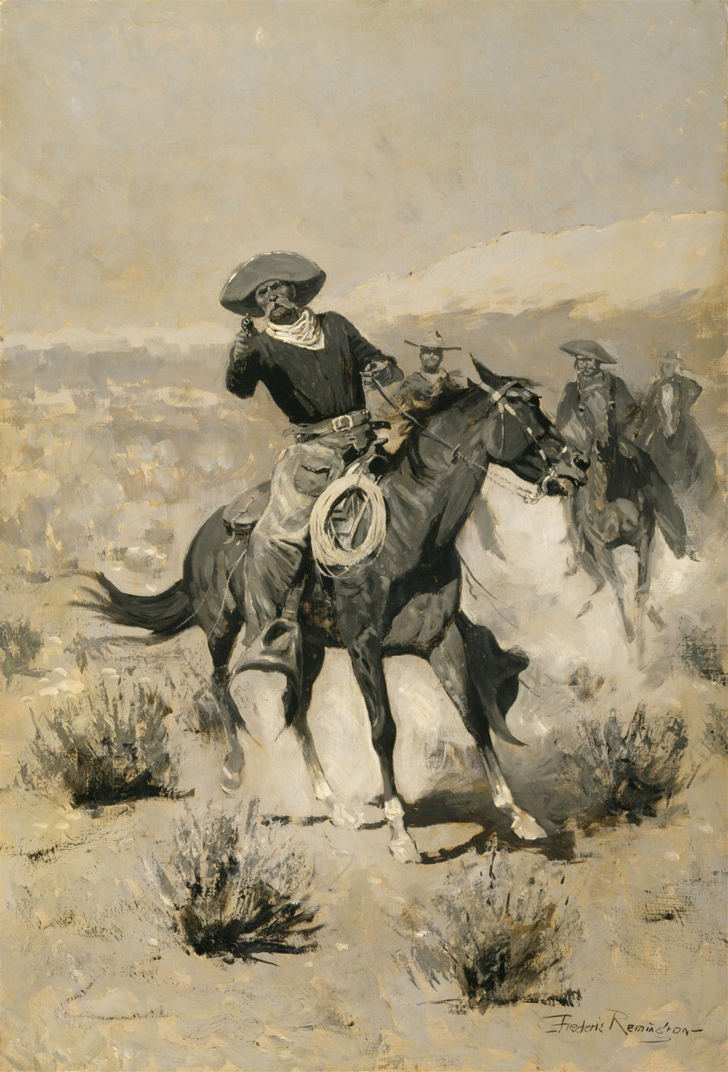Quadro decorativo com pintura de Frederic Remington, mostrando vaqueiros a cavalo em um cenário desértico, em tons de cinza e ocre, com um dos vaqueiros apontando uma arma.