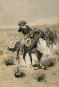 Quadro decorativo com pintura de Frederic Remington, mostrando vaqueiros a cavalo em um cenário desértico, em tons de cinza e ocre, com um dos vaqueiros apontando uma arma.