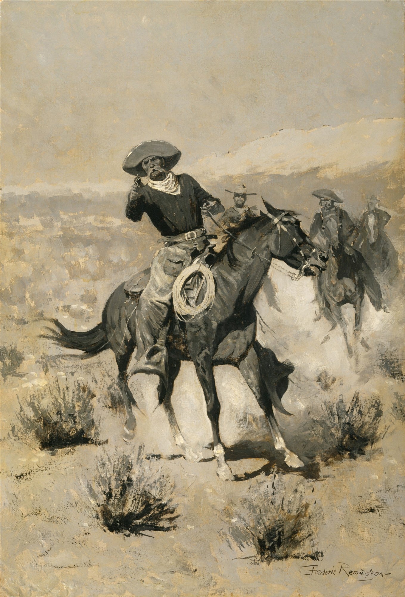 Quadro decorativo com pintura de Frederic Remington, mostrando vaqueiros a cavalo em um cenário desértico, em tons de cinza e ocre, com um dos vaqueiros apontando uma arma.