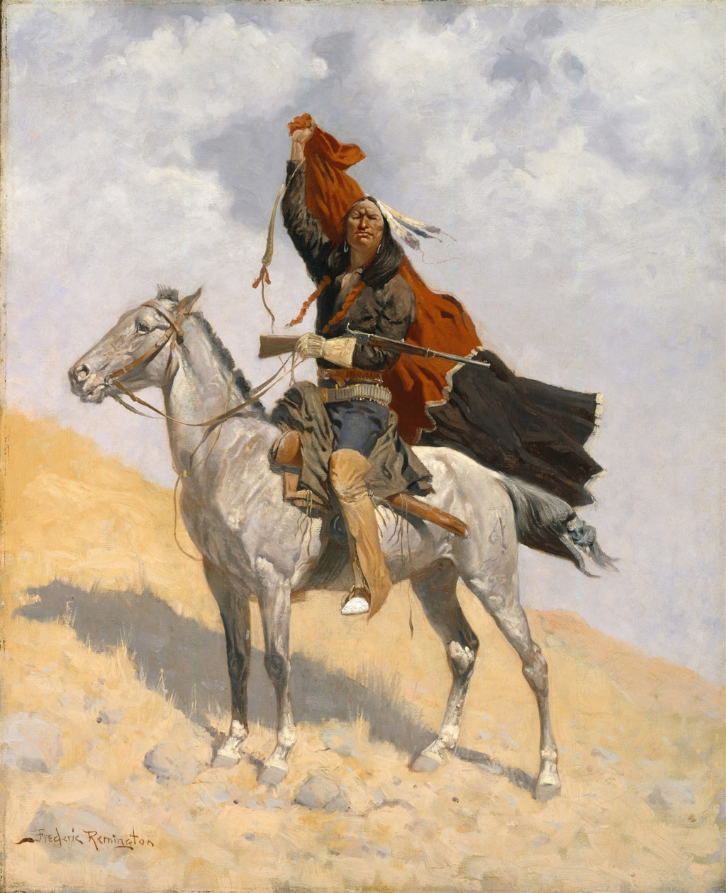 Pintura a óleo de Frederic Remington mostrando um guerreiro nativo americano a cavalo, em uma colina árida, com um manto vermelho vibrante ao vento, segurando uma carabina e uma peça de tecido vermelho ao alto, sob um céu nublado.