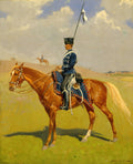 Quadro decorativo com pintura a óleo de Frederic Remington, retratando um lanceiro a cavalo em uniforme azul, sob um céu com nuvens brancas e campo verde.