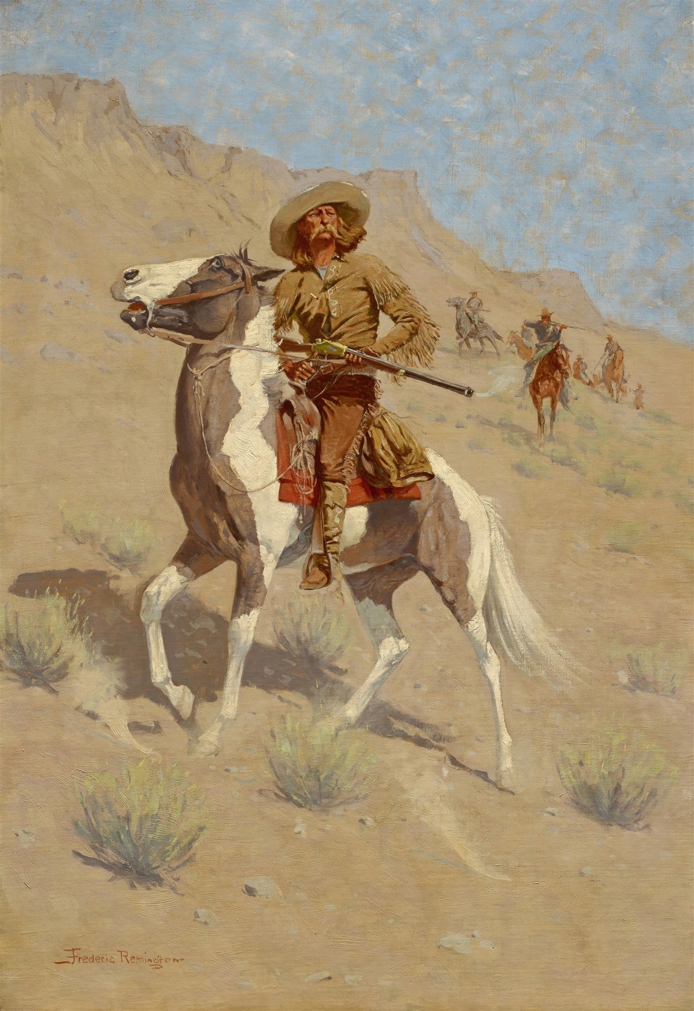 Quadro decorativo com pintura de Frederic Remington, mostrando um vaqueiro montado em um cavalo, liderando um grupo por uma paisagem árida e montanhosa do Velho Oeste.