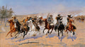 Quadro decorativo com pintura de cowboys a cavalo em alta velocidade, fugindo em paisagem árida sob céu azul, com poeira e árvores secas ao fundo. Estilo realista e dinâmico.