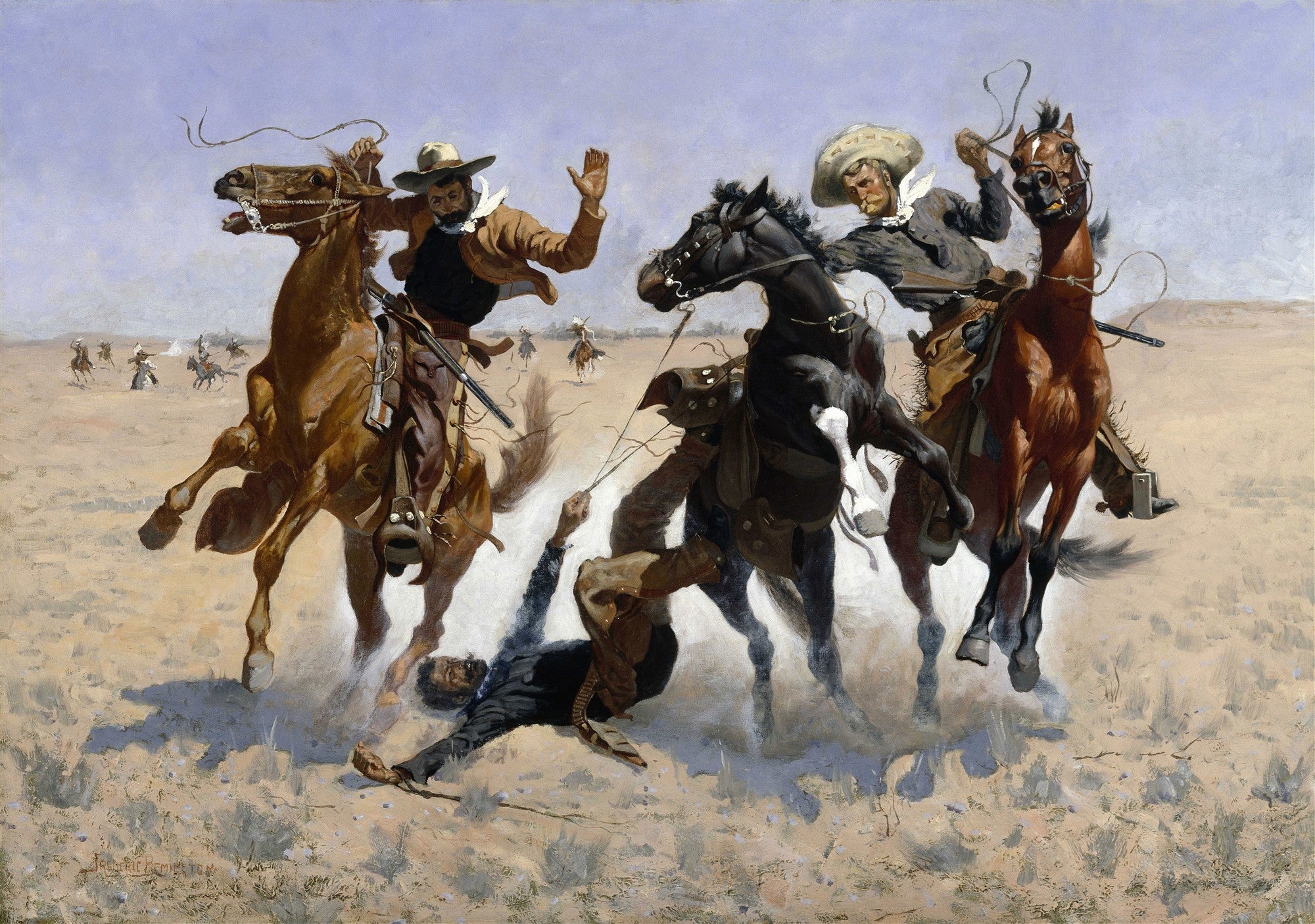 Pintura a óleo de Frederic Remington mostrando um vaqueiro caindo de seu cavalo no meio de uma cena caótica com outros vaqueiros e cavalos empinando no deserto. O céu é azul claro e o chão arenoso.