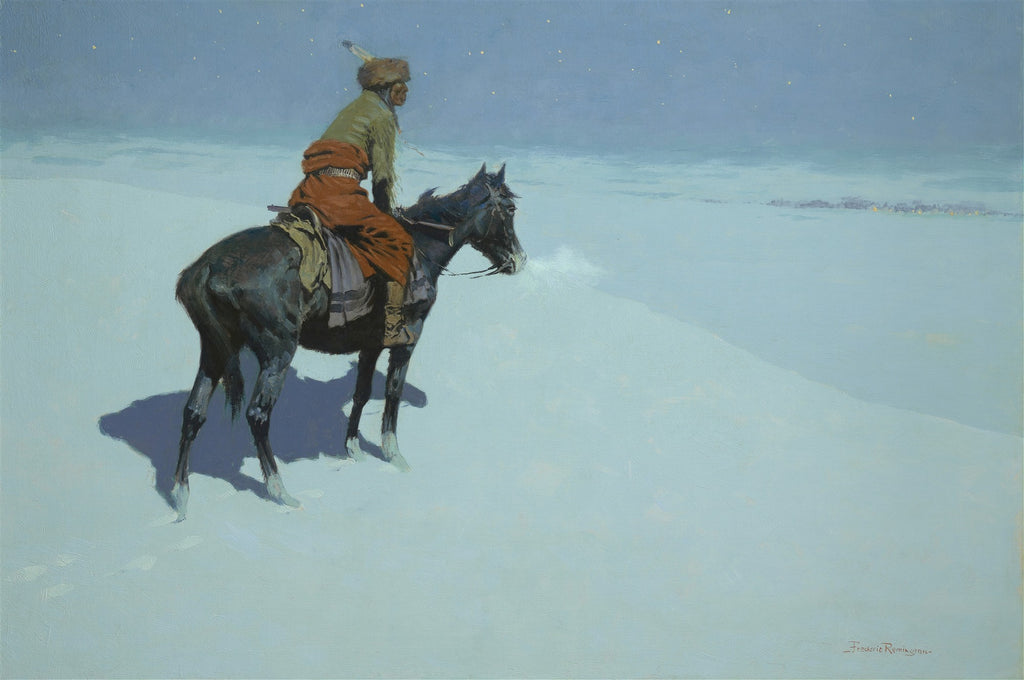 Pintura de Frederic Remington, 'The Scout', mostrando um nativo americano a cavalo em uma paisagem de neve sob um céu noturno estrelado, com a respiração do cavalo visível no ar frio. Um quadro decorativo imponente com tons de azul e branco.
