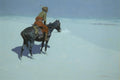 Pintura de Frederic Remington, 'The Scout', mostrando um nativo americano a cavalo em uma paisagem de neve sob um céu noturno estrelado, com a respiração do cavalo visível no ar frio. Um quadro decorativo imponente com tons de azul e branco.