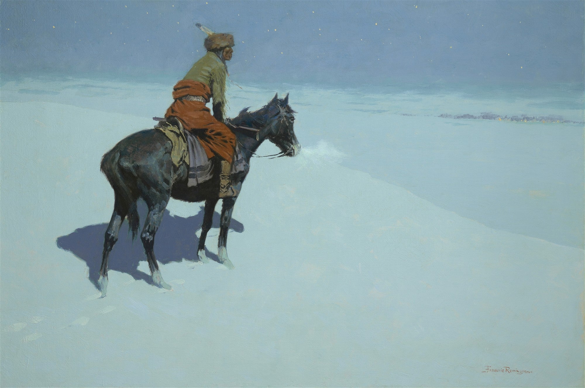 Pintura de Frederic Remington, 'The Scout', mostrando um nativo americano a cavalo em uma paisagem de neve sob um céu noturno estrelado, com a respiração do cavalo visível no ar frio. Um quadro decorativo imponente com tons de azul e branco.