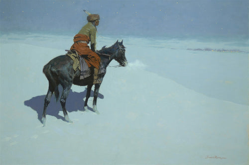 Pintura de Frederic Remington, 'The Scout', mostrando um nativo americano a cavalo em uma paisagem de neve sob um céu noturno estrelado, com a respiração do cavalo visível no ar frio. Um quadro decorativo imponente com tons de azul e branco.
