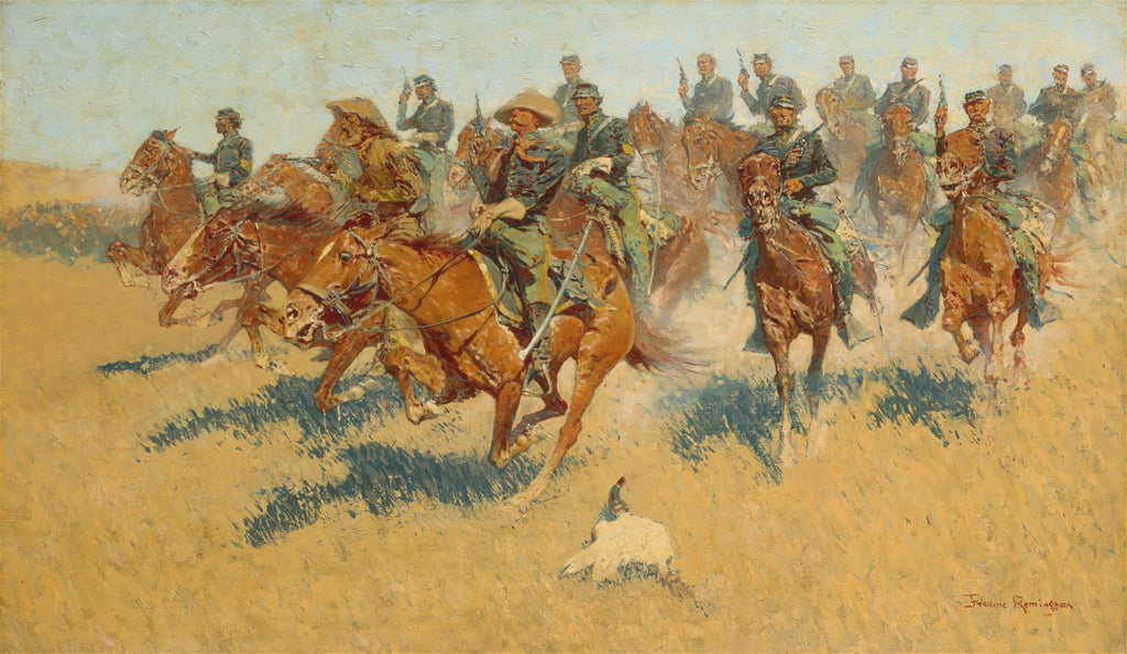 Quadro decorativo mostrando uma carga de cavalaria com soldados a cavalo em uma paisagem árida, com tons de ocre e azul celeste.