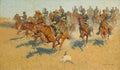 Quadro decorativo mostrando uma carga de cavalaria com soldados a cavalo em uma paisagem árida, com tons de ocre e azul celeste.