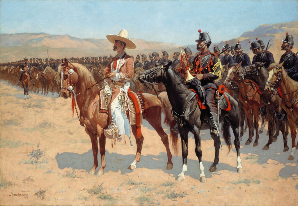 Quadro decorativo com pintura de Frederico Remington, A Cavalaria Mexicana. Homens a cavalo, uniformizados, em formação no deserto. Tons terrosos e céu azul claro.