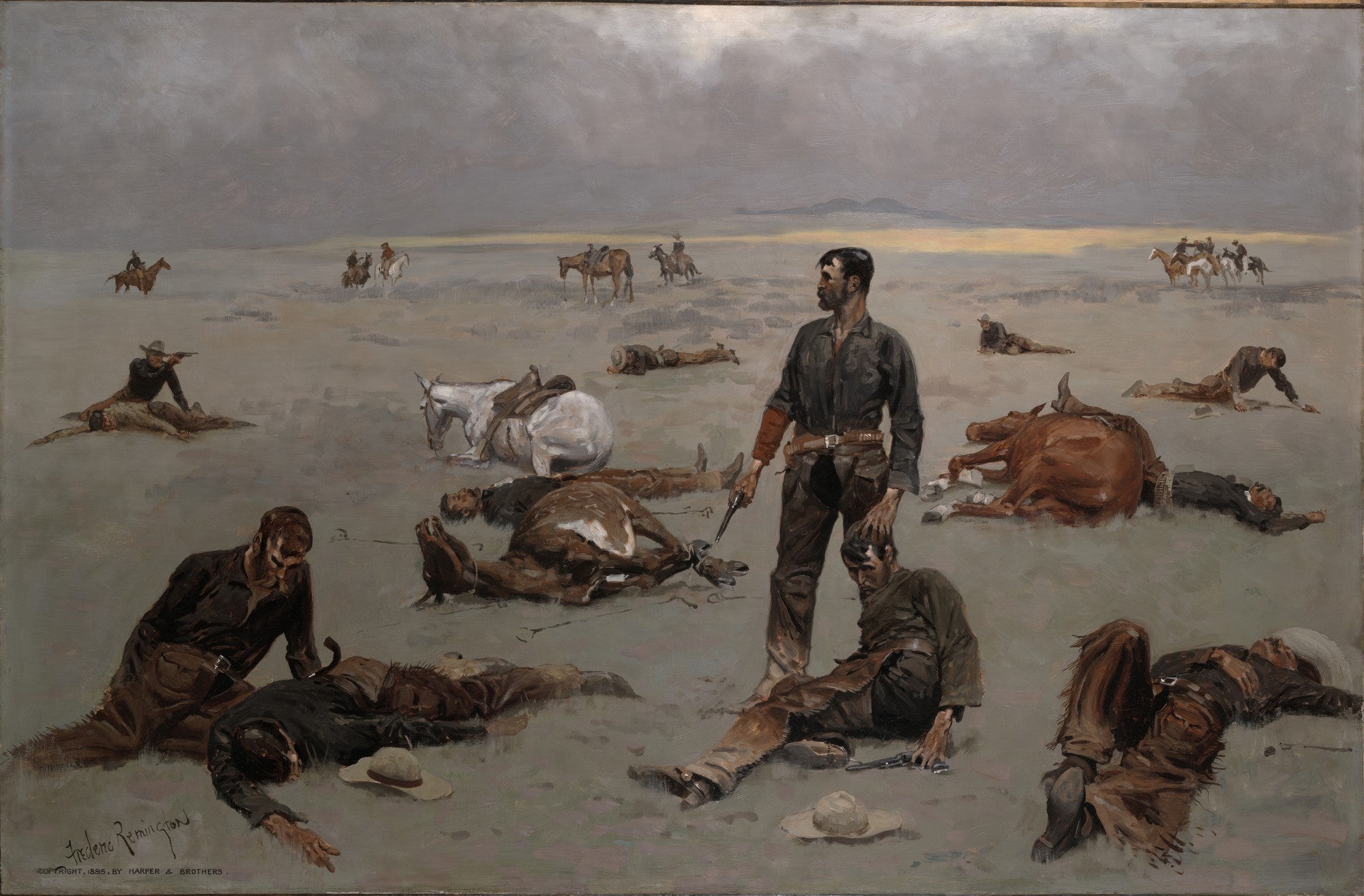 Pintura de Frederic Remington, 'The Last Stand', retratando cowboys e cavalos caídos em um campo árido sob um céu nublado, com figuras distantes a cavalo ao fundo.