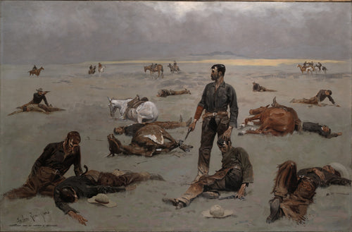 Pintura de Frederic Remington, 'The Last Stand', retratando cowboys e cavalos caídos em um campo árido sob um céu nublado, com figuras distantes a cavalo ao fundo.