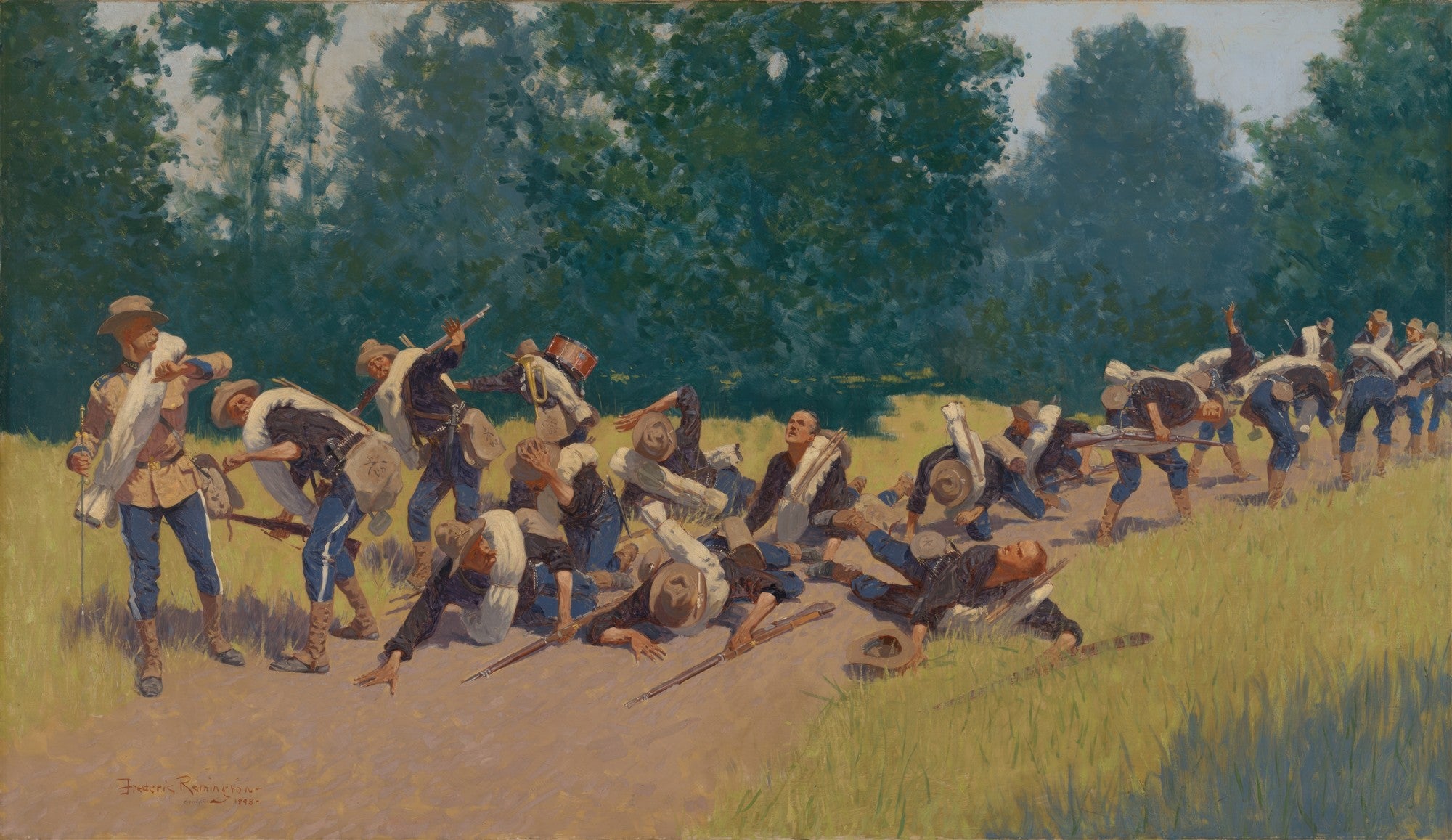 Quadro decorativo mostrando soldados em uniforme azul e cáqui em meio a uma carga militar em um terreno gramado com árvores ao fundo. A cena é de Frederic Remington, capturando o movimento e a ação de uma batalha.