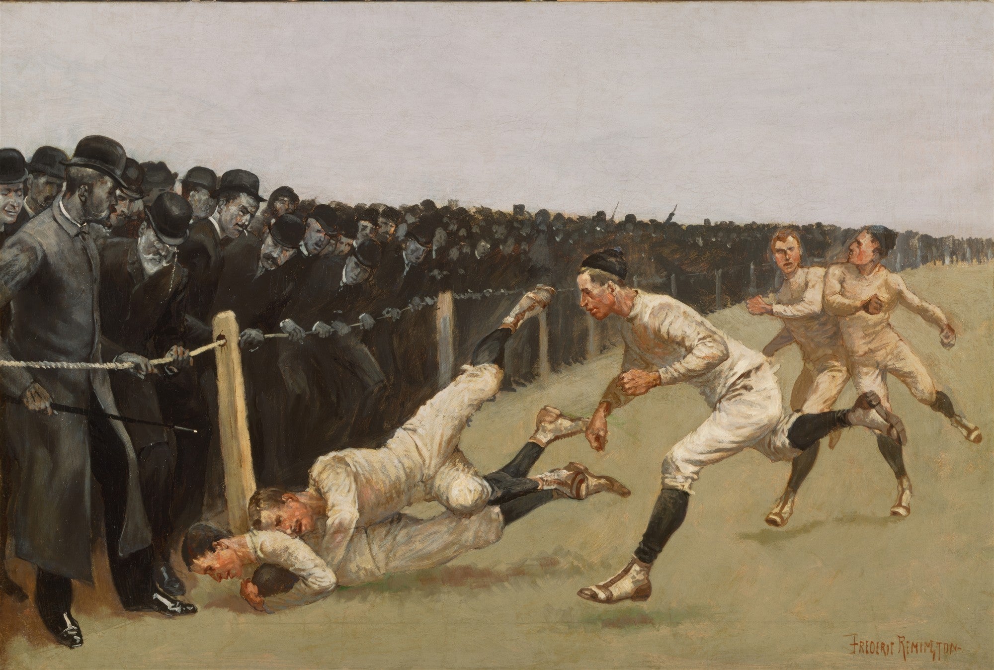 Pintura a óleo de Frederic Remington de uma partida de futebol americano com jogadores em ação e uma multidão de espectadores na lateral do campo.