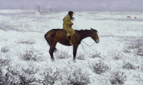 Quadro decorativo mostrando um indígena montado a cavalo em uma paisagem nevada e invernal, com tendas tipi ao fundo, obra de Frederic Remington.